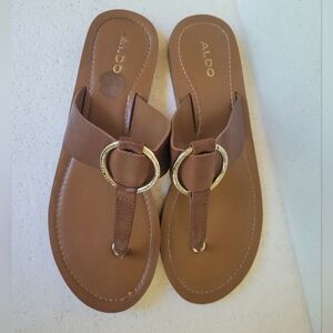 Aldo Brown Leather Sandals with Metallic Ring Detail